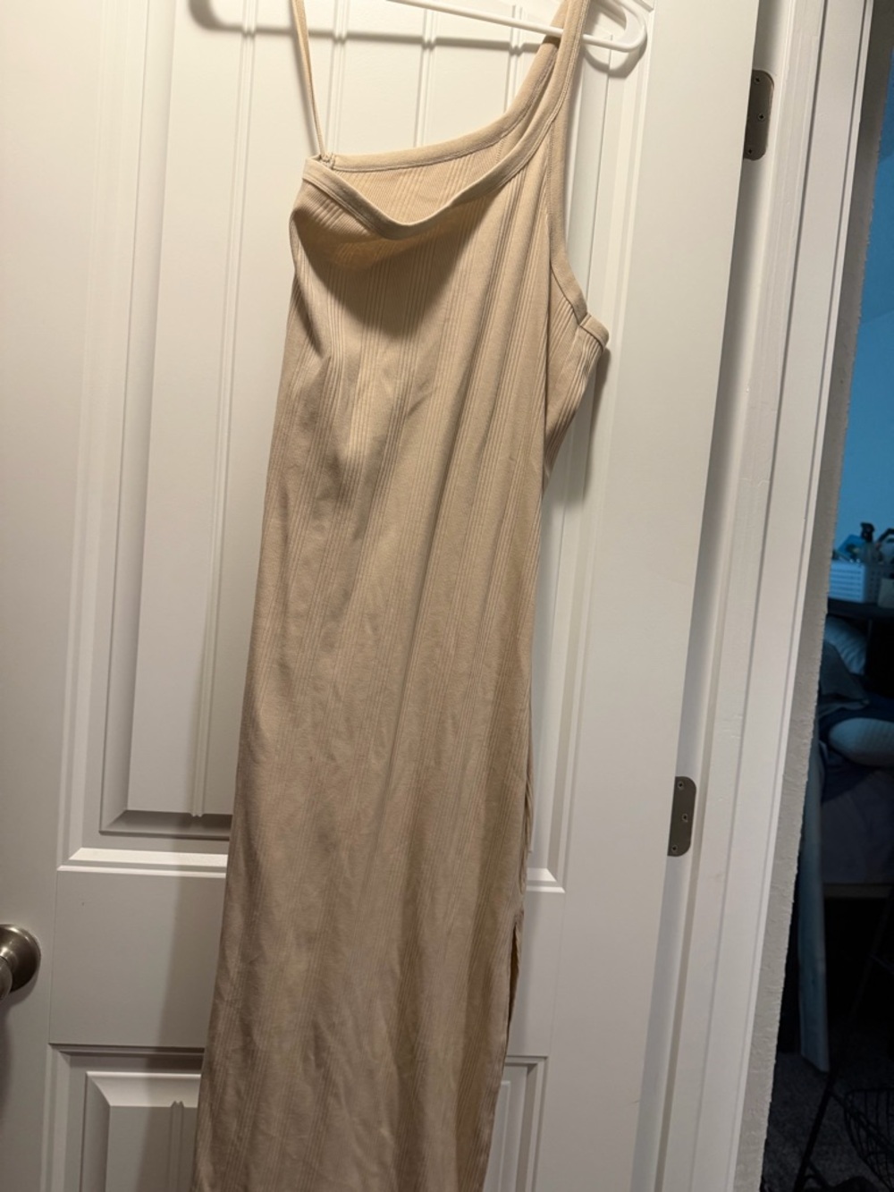 aerie Neutral One-Shoulder Ribbed Slip Dress